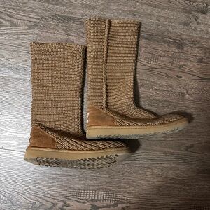 UGG Tan Winter Rain Boots with Knitted Upper and Flat Sole